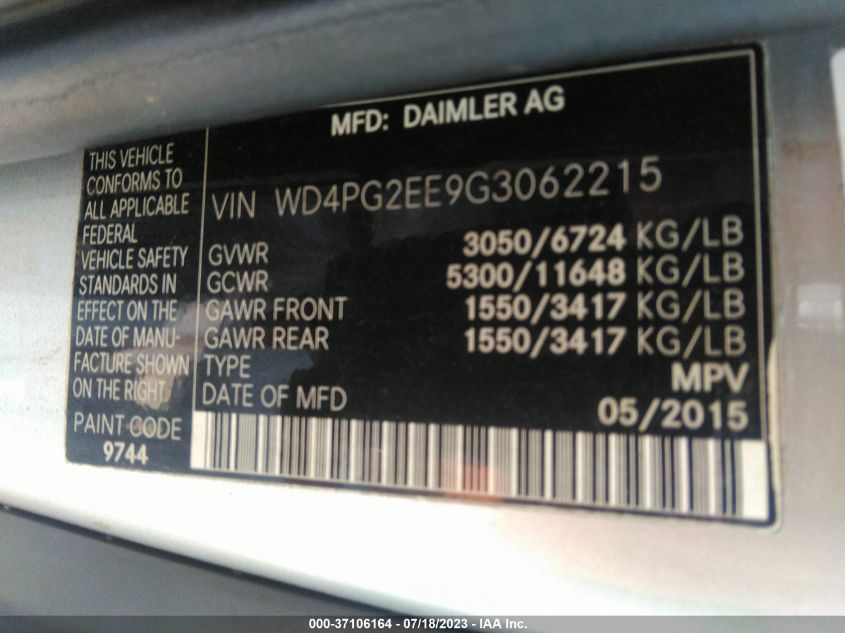2016 MERCEDES-BENZ METRIS PASSENGER VAN - WD4PG2EE9G3062215