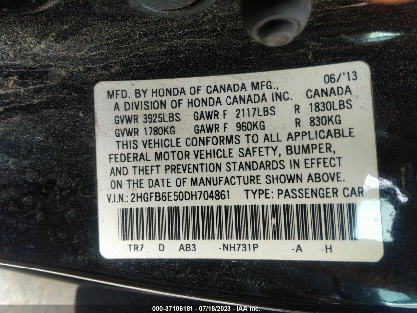 2013 HONDA CIVIC SDN SI - 2HGFB6E50DH704861