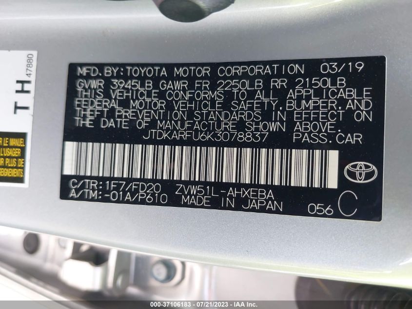 2019 TOYOTA PRIUS L ECO/LE/XLE/LIMITED - JTDKARFU6K3078837