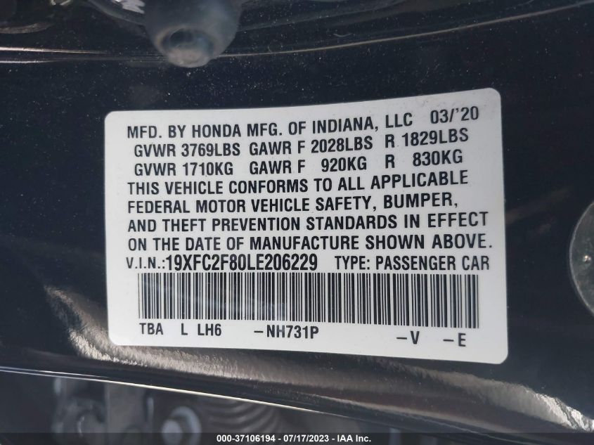 2020 HONDA CIVIC SEDAN SPORT - 19XFC2F80LE206229