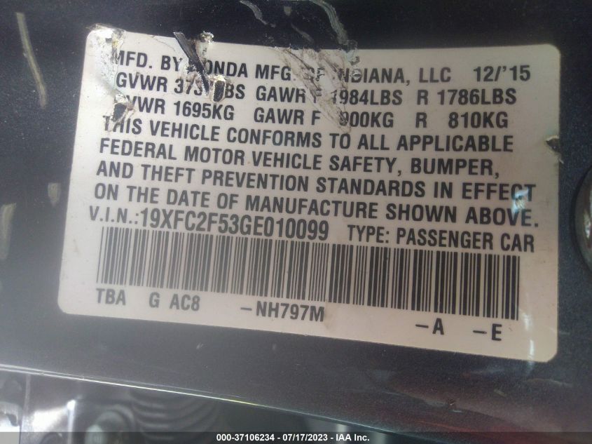 2016 HONDA CIVIC SEDAN LX - 19XFC2F53GE010099