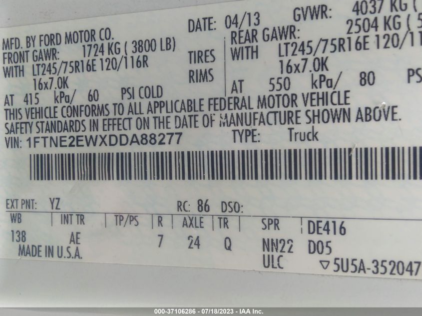 2013 FORD ECONOLINE CARGO VAN COMMERCIAL/RECREATIONAL 1FTNE2EWXDDA88277