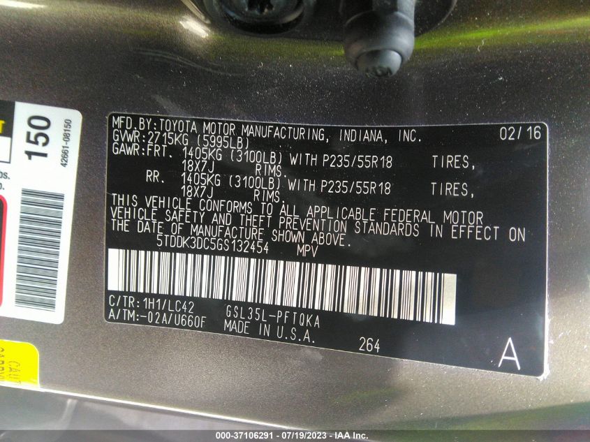 2016 TOYOTA SIENNA XLE - 5TDDK3DC5GS132454