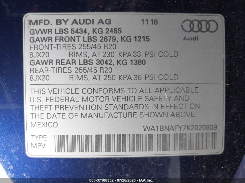 WA1BNAFY7K2020809 2019 AUDI Q5, photo no. 9