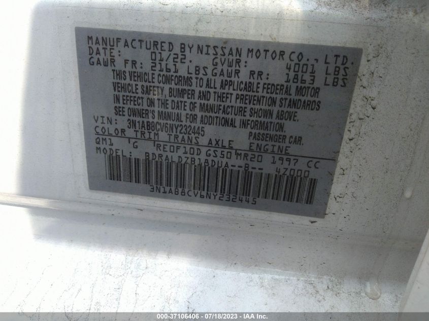 2022 NISSAN SENTRA SV - 3N1AB8CV6NY232445