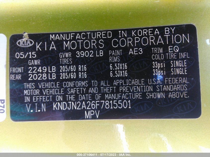 2015 KIA SOUL BASE - KNDJN2A26F7815501