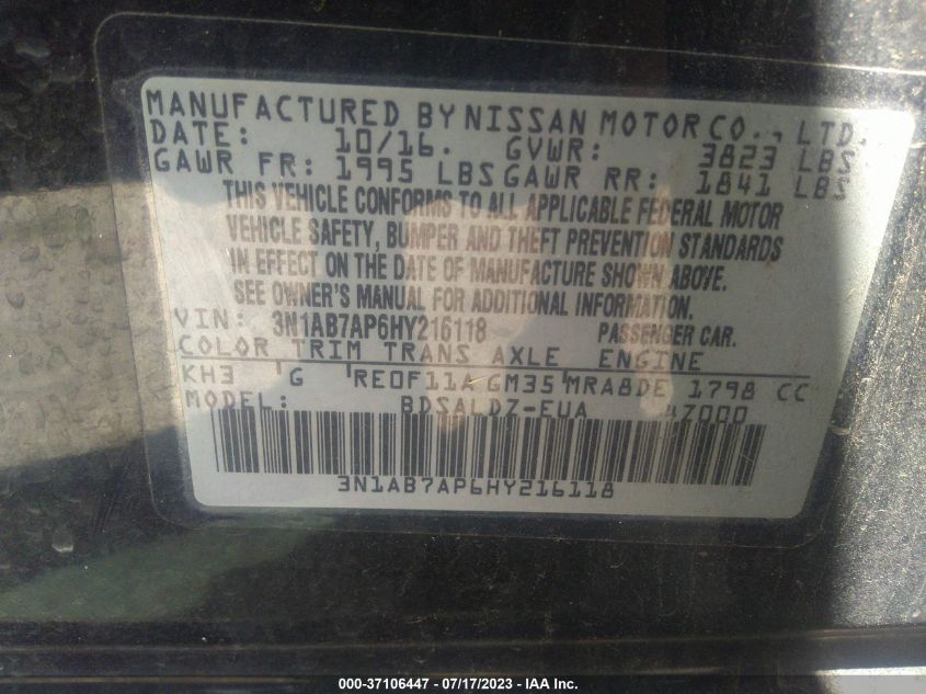 2017 NISSAN SENTRA SV - 3N1AB7AP6HY216118