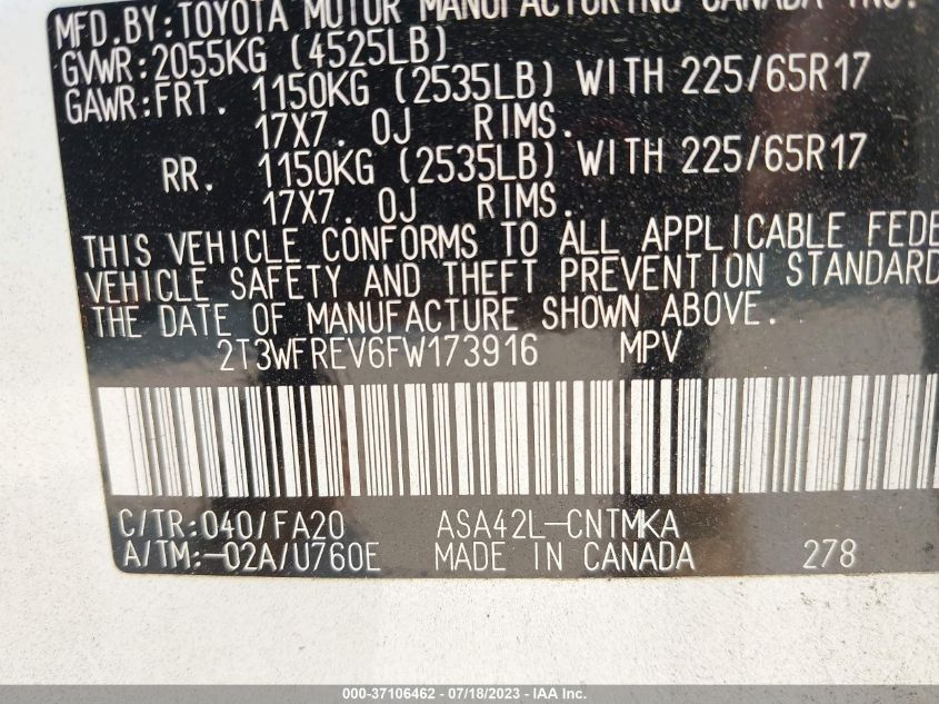 2015 TOYOTA RAV4 XLE 2T3WFREV6FW173916