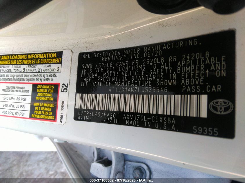 2020 TOYOTA CAMRY HYBRID SE - 4T1J31AK7LU535546