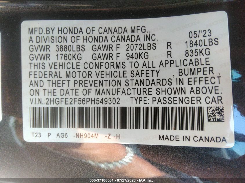 2HGFE2F56PH549302 Honda Civic Sedan SPORT 9