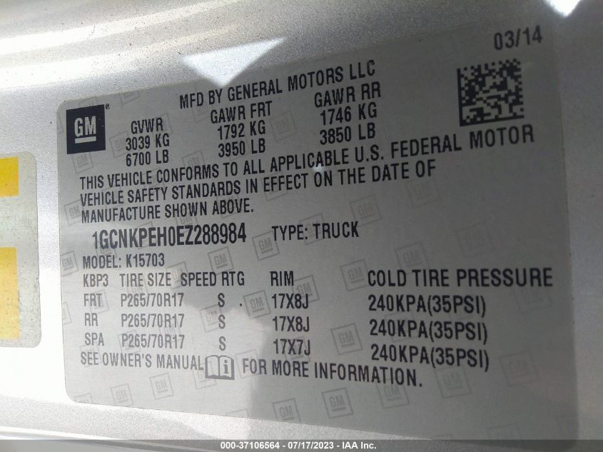2014 CHEVROLET SILVERADO 1500 WORK TRUCK - 1GCNKPEH0EZ288984