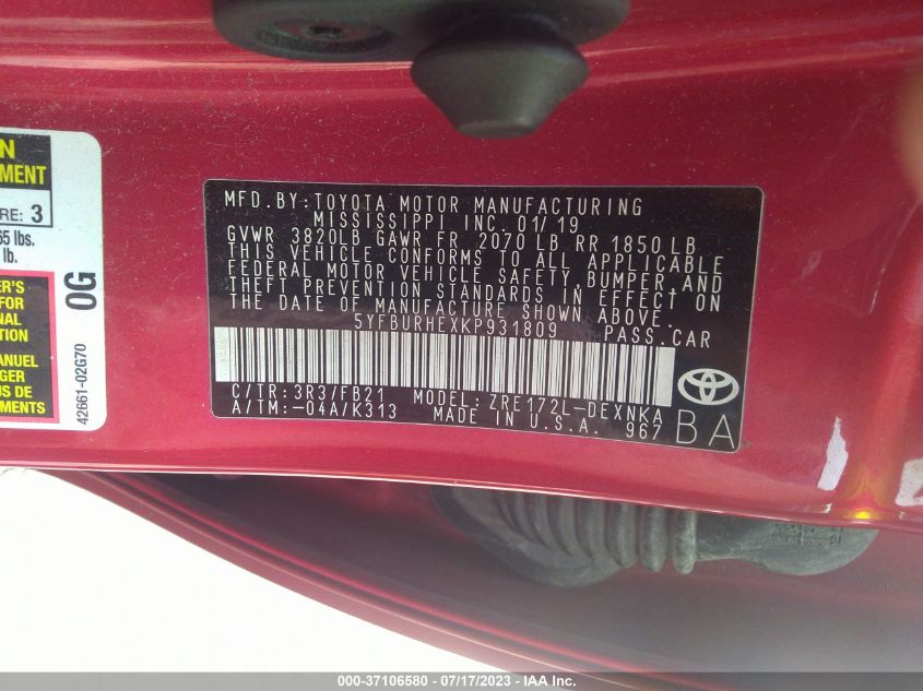 2019 TOYOTA COROLLA L/LE/SE/XLE/XSE - 5YFBURHEXKP931809