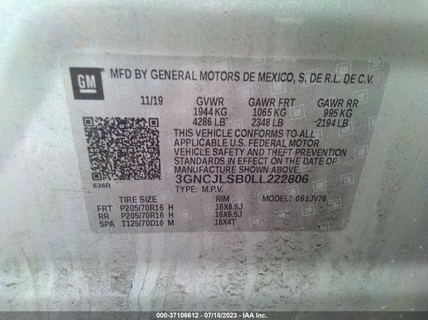 2020 CHEVROLET TRAX 1LT - 3GNCJLSB0LL222806