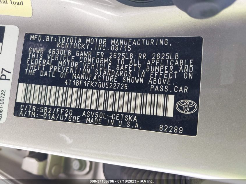 2016 TOYOTA CAMRY SE - 4T1BF1FK7GU522726