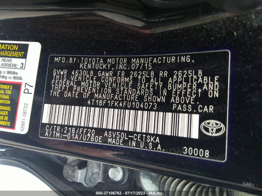 2015 TOYOTA CAMRY XLE/SE/LE/XSE - 4T1BF1FK4FU104073