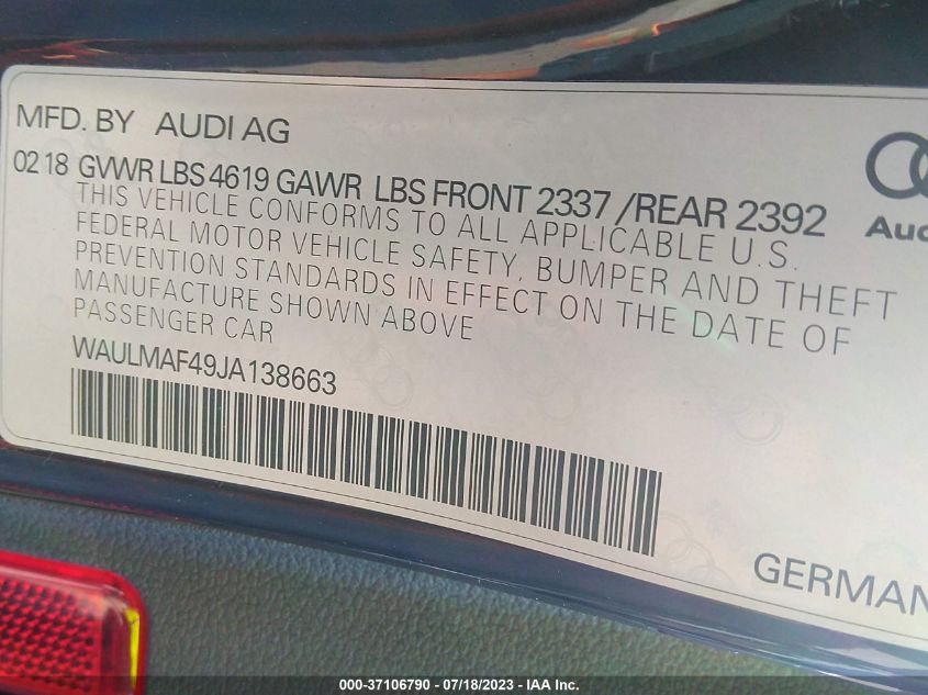 2018 AUDI A4 PREMIUM PLUS - WAULMAF49JA138663