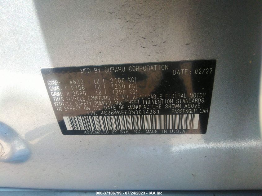 2022 SUBARU LEGACY PREMIUM - 4S3BWAF60N3014981