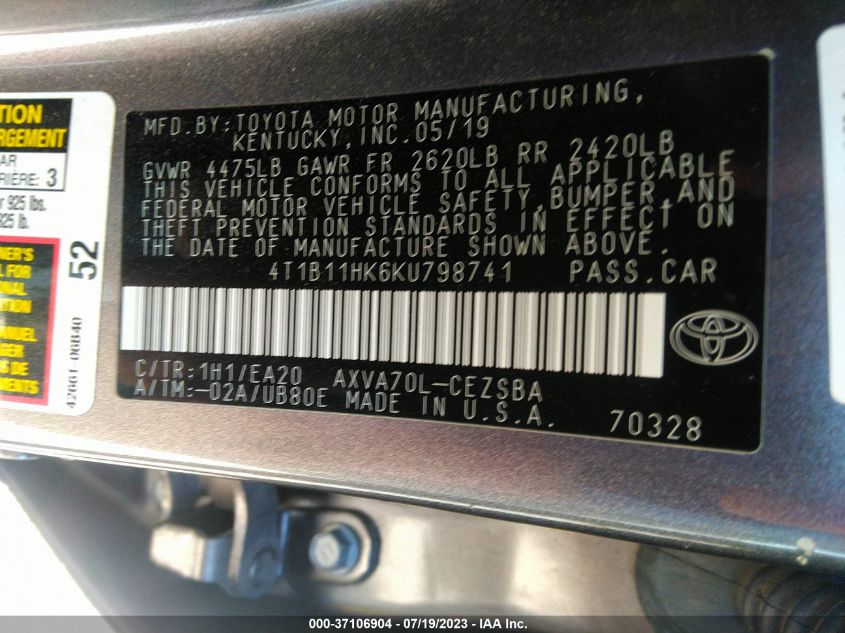 2019 TOYOTA CAMRY LE/SE/XLE/L - 4T1B11HK6KU798741