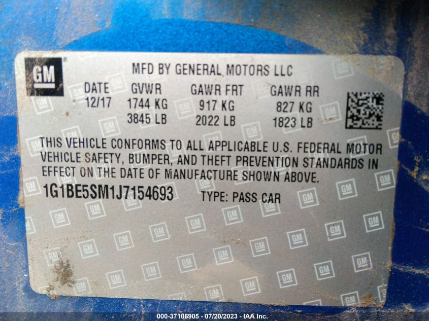 2018 CHEVROLET CRUZE LT - 1G1BE5SM1J7154693