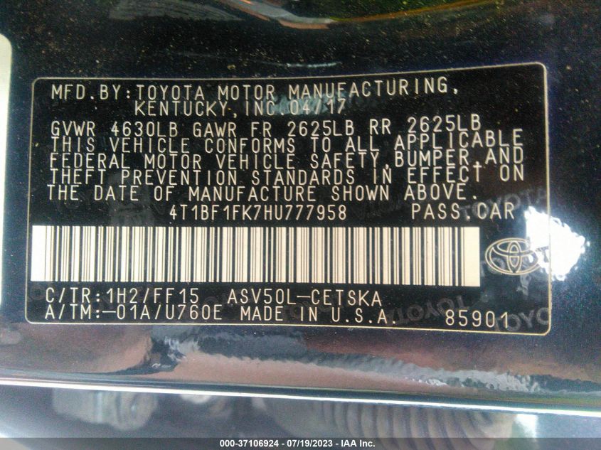 2017 TOYOTA CAMRY LE/XLE/SE/XSE - 4T1BF1FK7HU777958