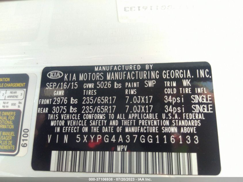 2016 KIA SORENTO LX/L - 5XYPG4A37GG116133