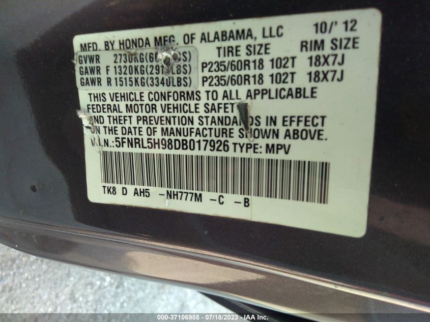 2013 HONDA ODYSSEY TOURING - 5FNRL5H98DB017926