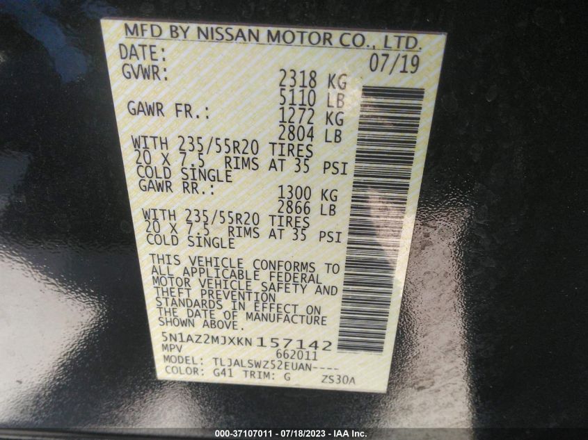 2019 NISSAN MURANO PLATINUM - 5N1AZ2MJXKN157142