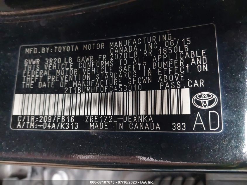 2015 TOYOTA COROLLA L/LE/LE PLS/PRM/S/S PLS - 2T1BURHE0FC453910