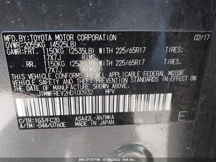 2017 TOYOTA RAV4 XLE - JTMWFREV2HD100932