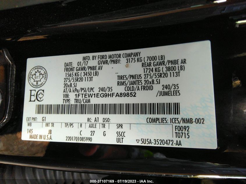 2017 FORD F-150 XL/XLT/LARIAT - 1FTEW1EG9HFA89852