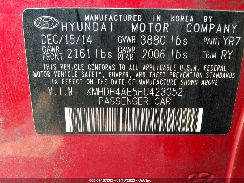 2015 HYUNDAI ELANTRA SE/SPORT/LIMITED - KMHDH4AE5FU423052