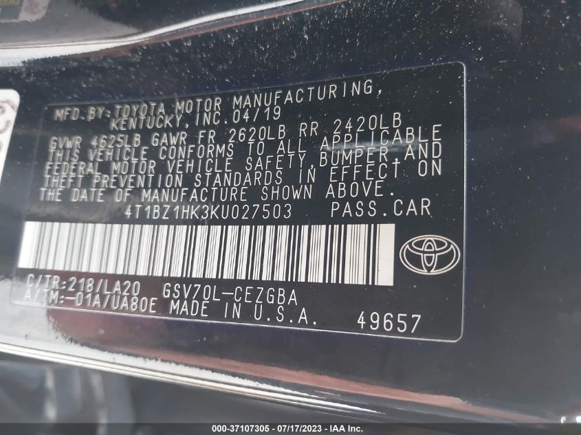 2019 TOYOTA CAMRY V6 - 4T1BZ1HK3KU027503