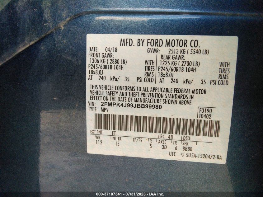 2FMPK4J99JBB99980 2018 FORD EDGE, photo no. 9