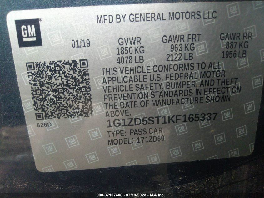 2019 CHEVROLET MALIBU LT - 1G1ZD5ST1KF165337