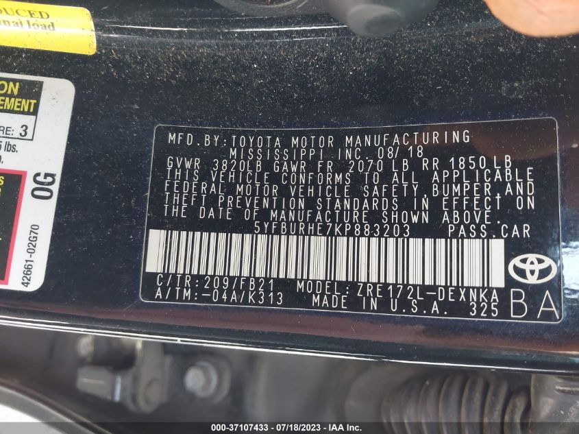 2019 TOYOTA COROLLA L/LE/SE/XLE/XSE - 5YFBURHE7KP883203