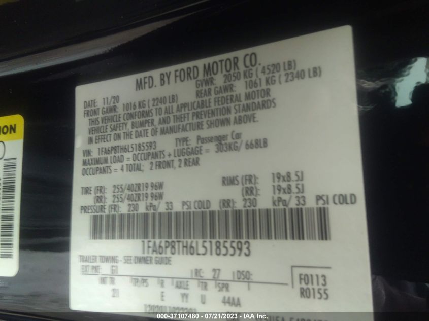 2020 FORD MUSTANG ECOBOOST - 1FA6P8TH6L5185593