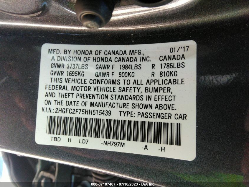 2017 HONDA CIVIC SEDAN EX - 2HGFC2F75HH515439