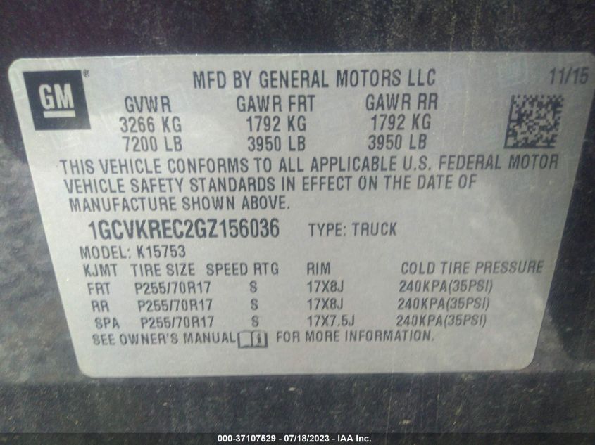 2016 CHEVROLET SILVERADO 1500 LT - 1GCVKREC2GZ156036