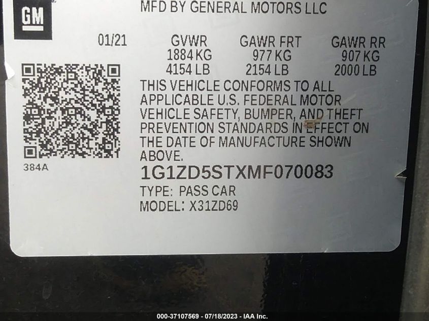 2021 CHEVROLET MALIBU LT - 1G1ZD5STXMF070083