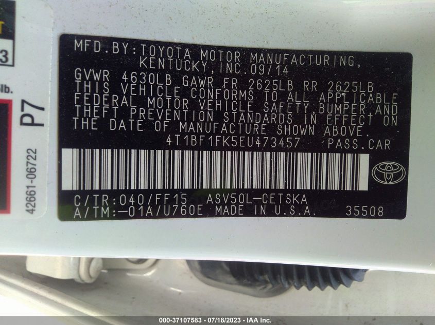 2014 TOYOTA CAMRY L/LE/XLE/SE/SE SPORT - 4T1BF1FK5EU473457
