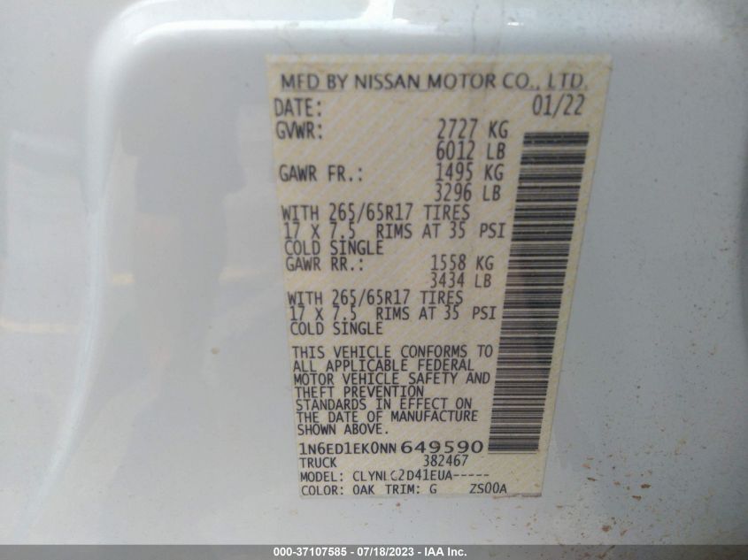 2022 NISSAN FRONTIER S/SV/PRO-4X - 1N6ED1EK0NN649590