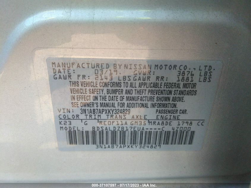 2019 NISSAN SENTRA SV - 3N1AB7APXKY324829