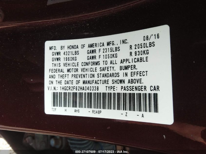 2017 HONDA ACCORD SEDAN SPORT - 1HGCR2F62HA040338