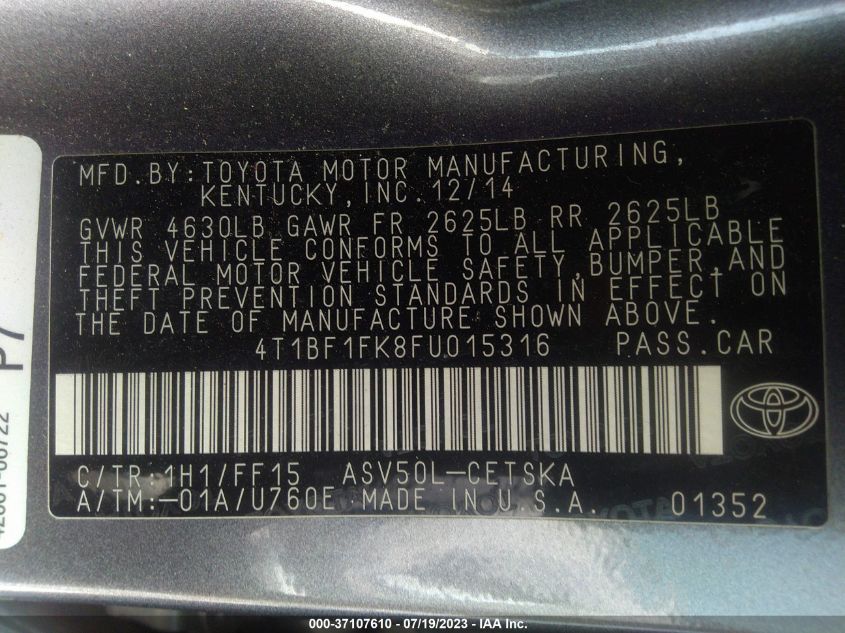 2015 TOYOTA CAMRY XLE/SE/LE/XSE - 4T1BF1FK8FU015316