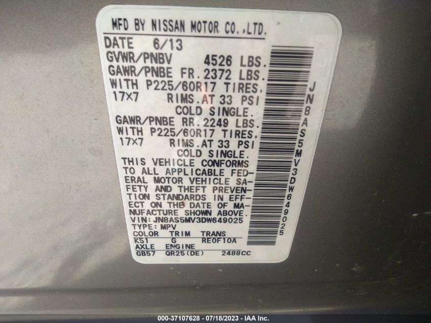 2013 NISSAN ROGUE SV - JN8AS5MV3DW649025