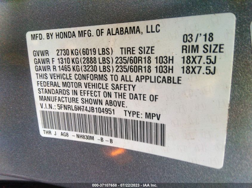 2018 HONDA ODYSSEY EX-L - 5FNRL6H74JB104951