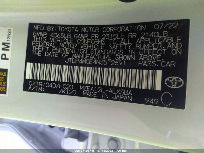 2022 TOYOTA COROLLA SE/SE NIGHTSHADE/APEX SE - JTDP4MCE4N3512691
