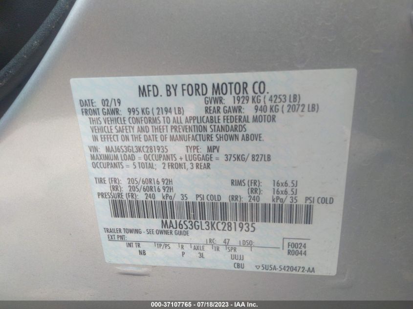 2019 FORD ECOSPORT SE - MAJ6S3GL3KC281935