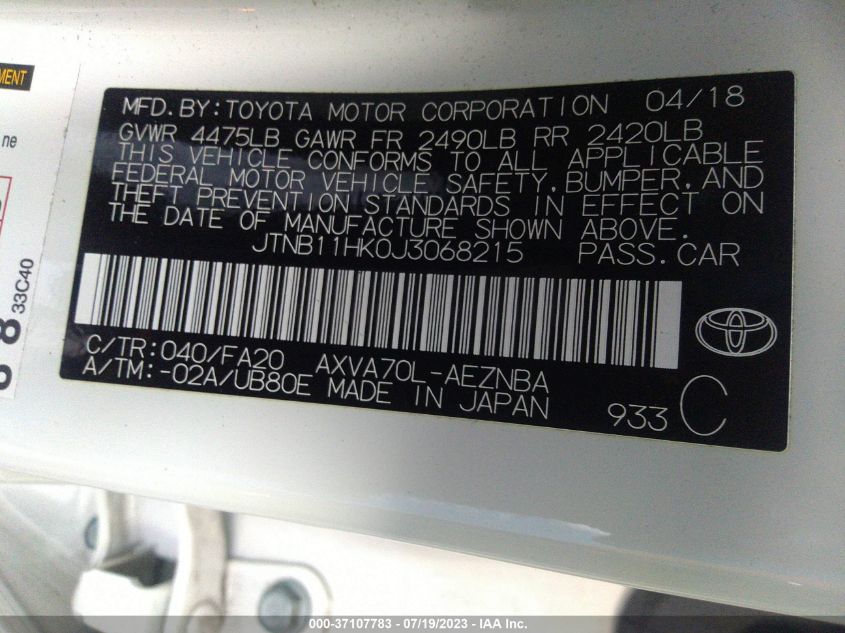 2018 TOYOTA CAMRY LE/SE/XLE/L - JTNB11HK0J3068215