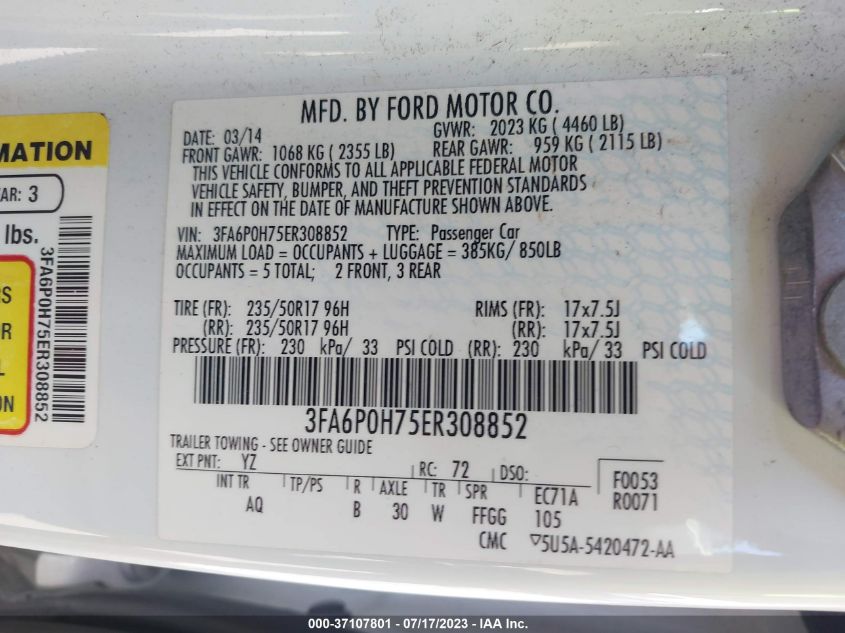 2014 FORD FUSION SE - 3FA6P0H75ER308852
